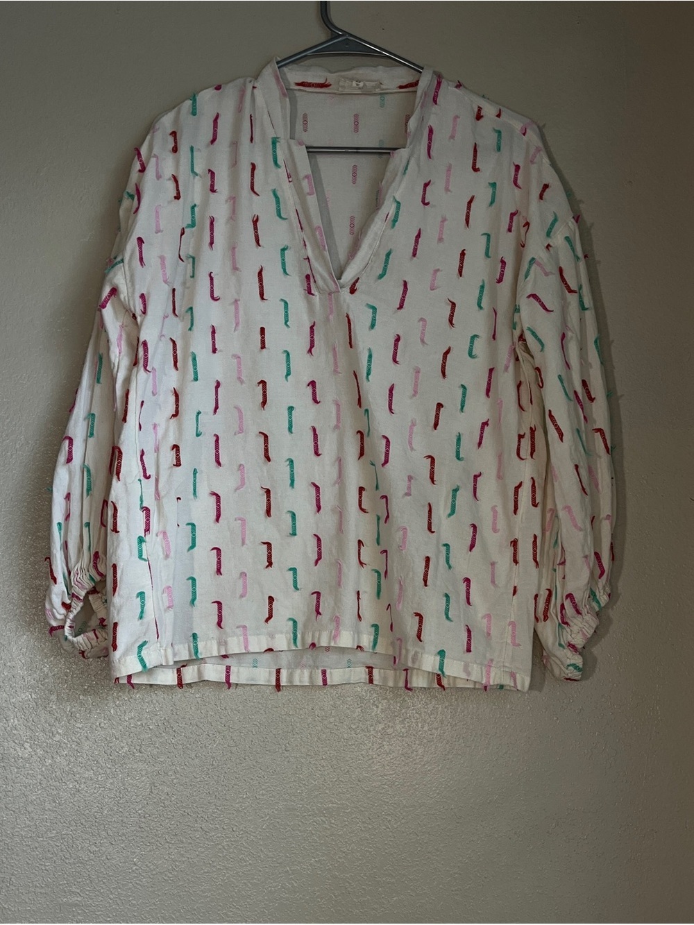 Lou & Grey White V-Neck Tunic with Teal, Pink & Red Dashes